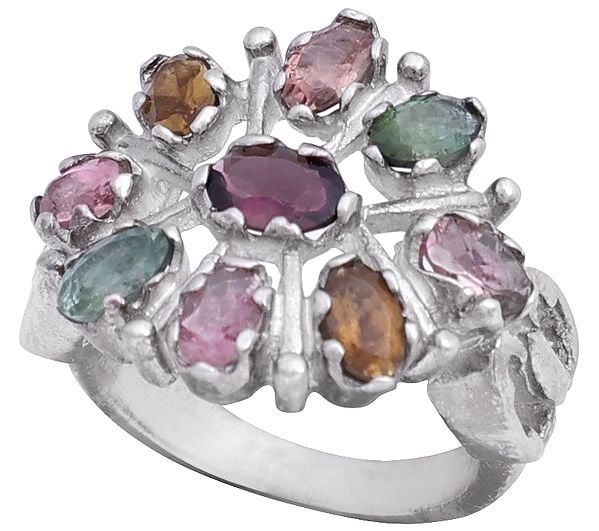 Exotic India Sterling Silver Ring Studded With Multi Colour Tourmaline Stones 