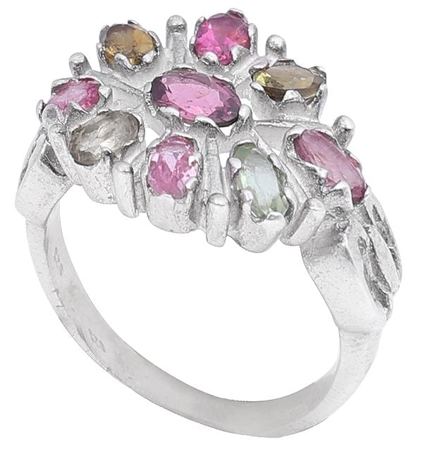 exotic india Sterling Silver Ring Studded with Multi Colour Tourmaline Stones 