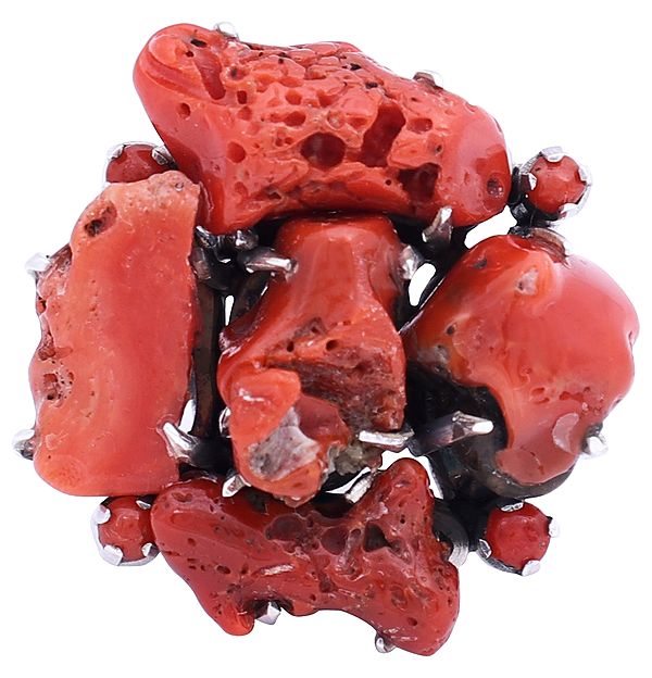 Exotic India Sterling Silver Ring Studded With Rugged Red Coral 