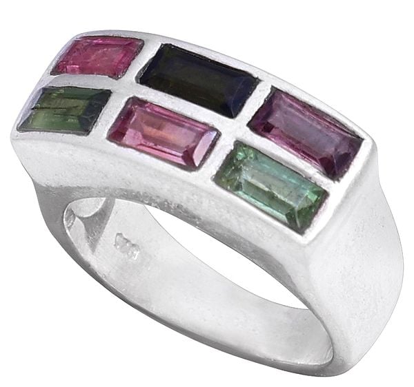exotic india Sterling Silver Ring with Multi-Tourmaline Crystals 