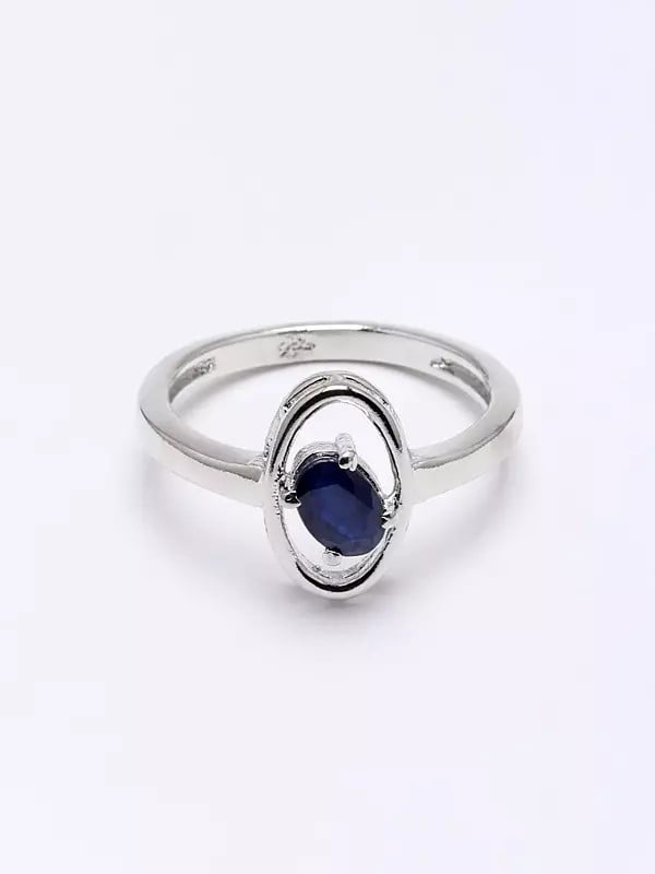 Exotic India Sterling Silver Ring With Oval Shape Faceted Blue Sapphire Ring 