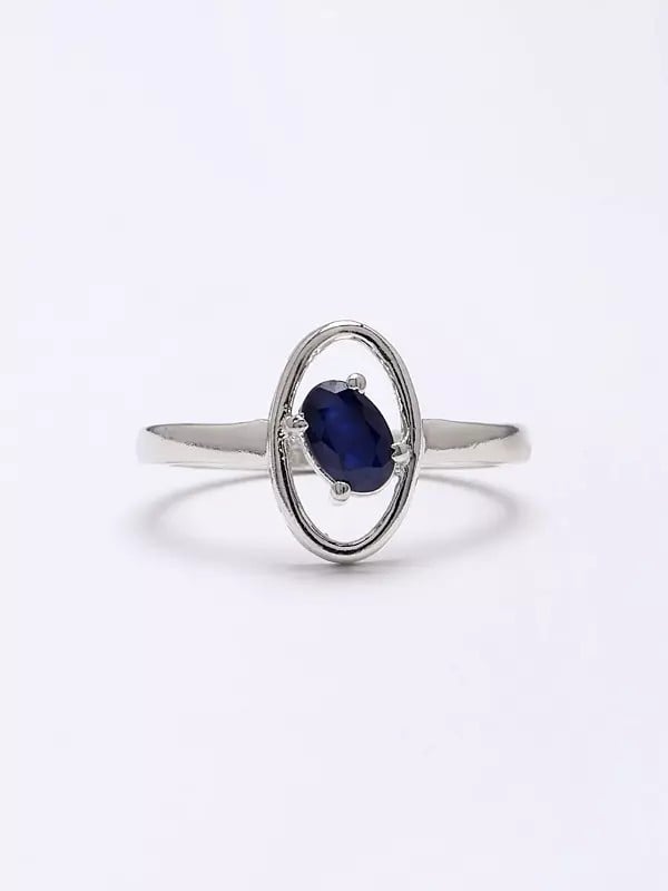 Exotic India Sterling Silver Ring With Oval Shape Faceted Blue Sapphire Ring 