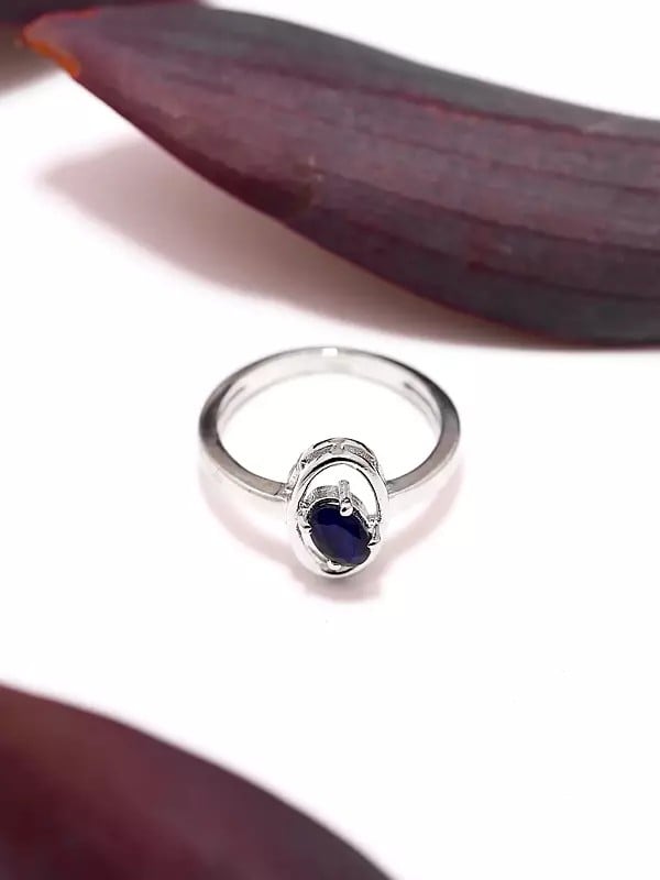 Exotic India Sterling Silver Ring With Oval Shape Faceted Blue Sapphire Ring 