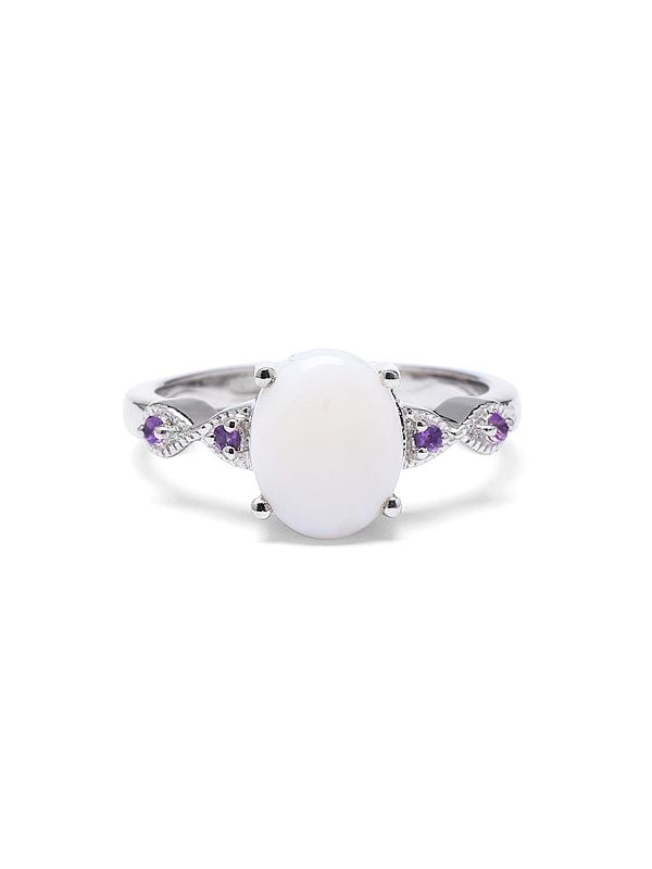 Exotic India Sterling Silver Ring With Oval Shape White Opal And Amethyst 