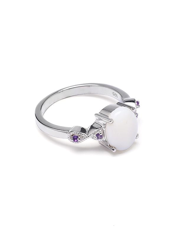 Exotic India Sterling Silver Ring With Oval Shape White Opal And Amethyst 