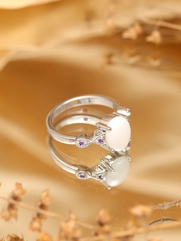 Exotic India Sterling Silver Ring With Oval Shape White Opal And Amethyst 