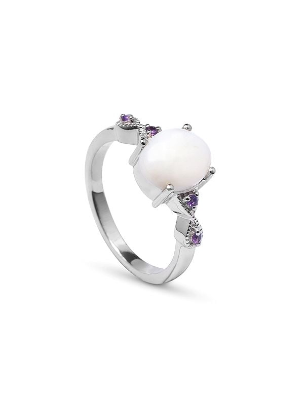 exotic india Sterling Silver Ring with Oval Shape White Opal and Amethyst 