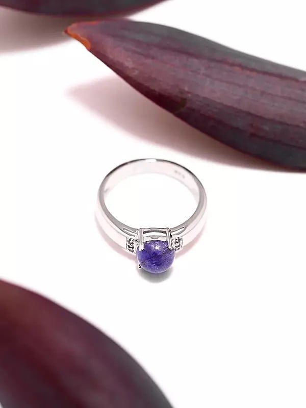 Exotic India Sterling Silver Ring With Round Shape Tanzanite Gemstone 