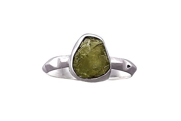 Exotic India Sterling Silver Ring With Rugged Peridot Gemstone 