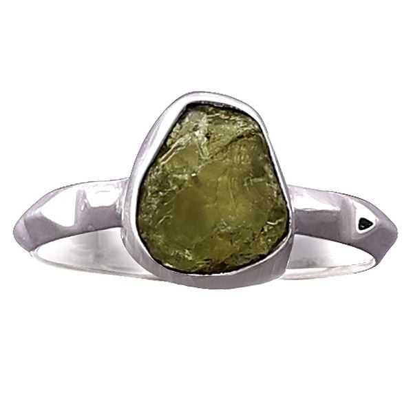 Exotic India Sterling Silver Ring With Rugged Peridot Gemstone 