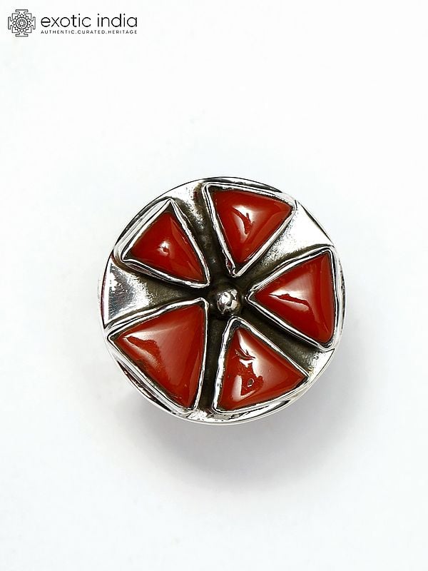 Exotic India Sterling Silver Ring With Triangle Cut Coral 