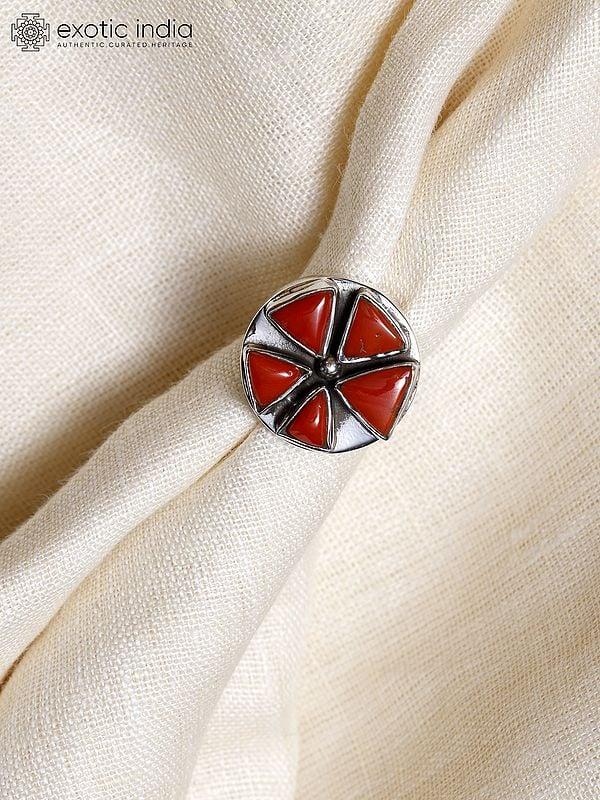 Exotic India Sterling Silver Ring With Triangle Cut Coral 