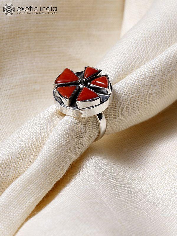Exotic India Sterling Silver Ring With Triangle Cut Coral 