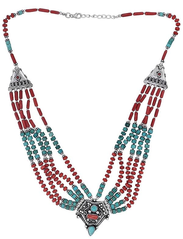 exotic india Sterling Silver Sober Necklace with Coral and Turquoise Stone