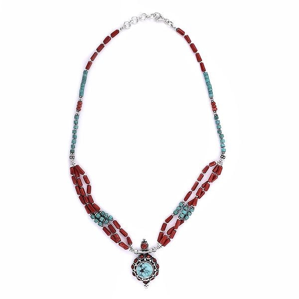 exotic india Sterling Silver Sober Necklace with Coral and Turquoise Stone 