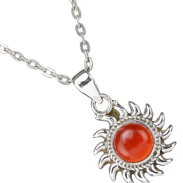 Exotic India Sterling Silver Sun Pendant With Precious Gemstone