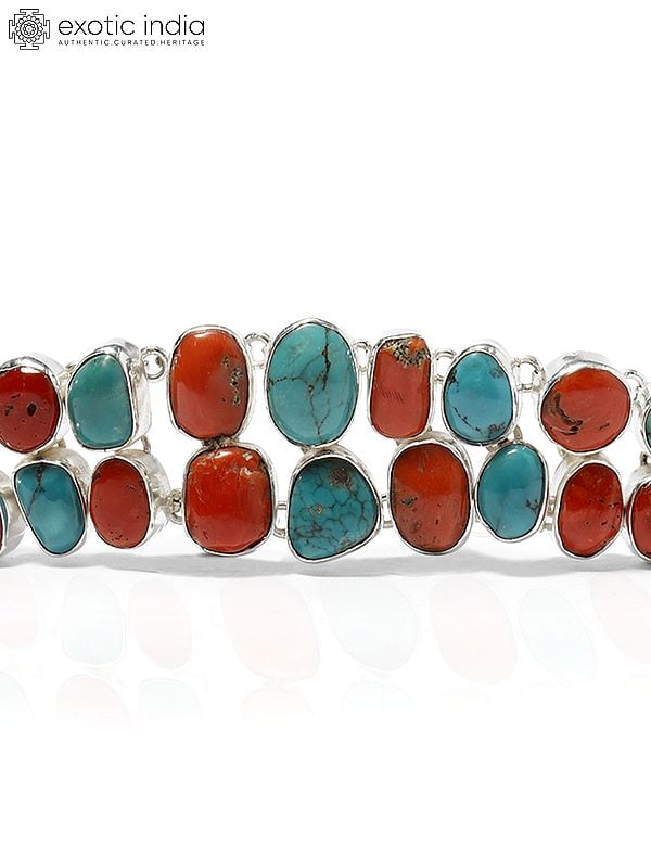 Exotic India Sterling Silver Toggle Bracelet With Coral And Turquoise 