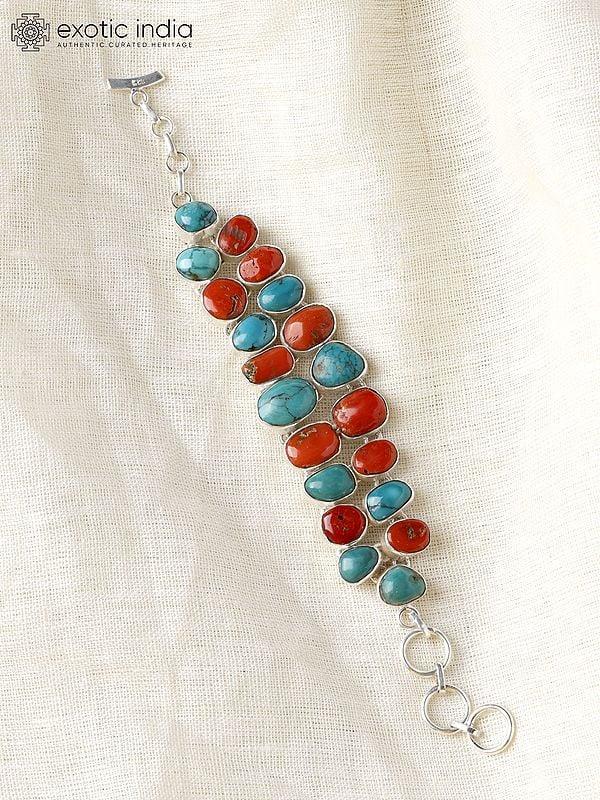 Exotic India Sterling Silver Toggle Bracelet With Coral And Turquoise 