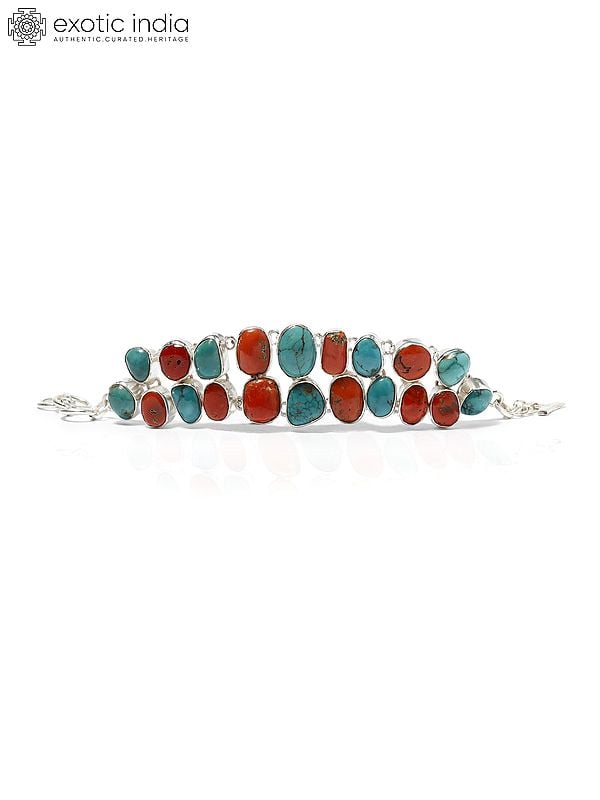 exotic india Sterling Silver Toggle Bracelet with Coral and Turquoise 