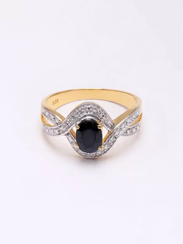 Exotic India Sterling Silver Wave Design Ring With Faceted Black Onyx 