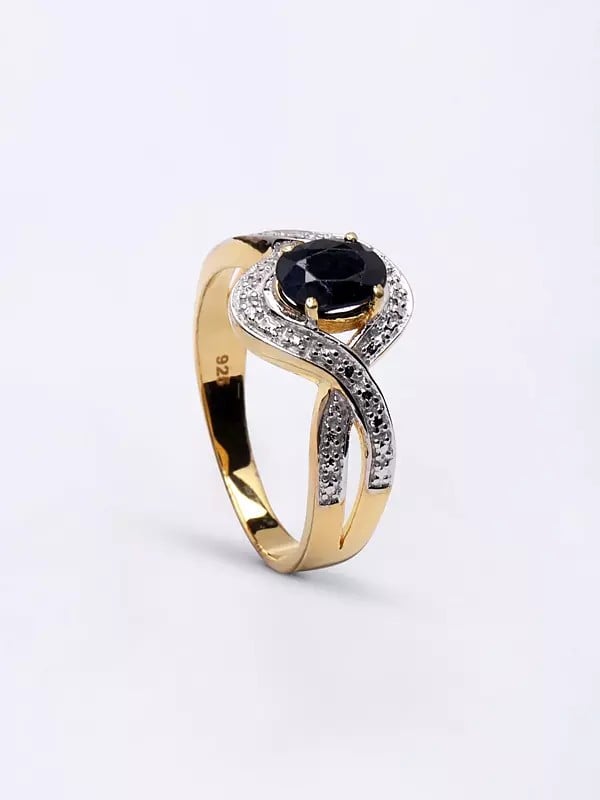 Exotic India Sterling Silver Wave Design Ring With Faceted Black Onyx 