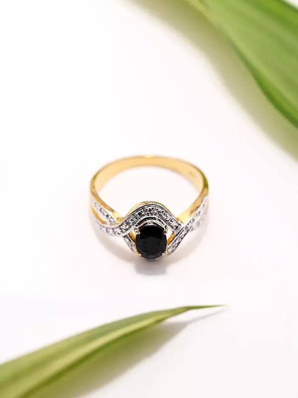 Exotic India Sterling Silver Wave Design Ring With Faceted Black Onyx 