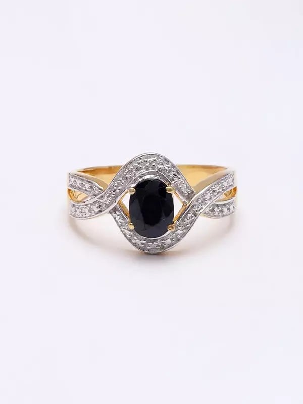 exotic india Sterling Silver Wave Design Ring with Faceted Black Onyx 