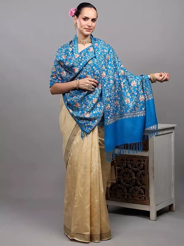 Exotic India Stole From Punjab With Chain Stitch Embroidered Floral Jaal In Multicolor 