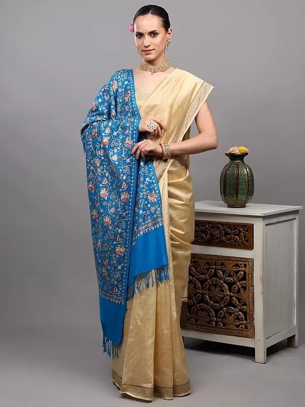 Exotic India Stole From Punjab With Chain Stitch Embroidered Floral Jaal In Multicolor 
