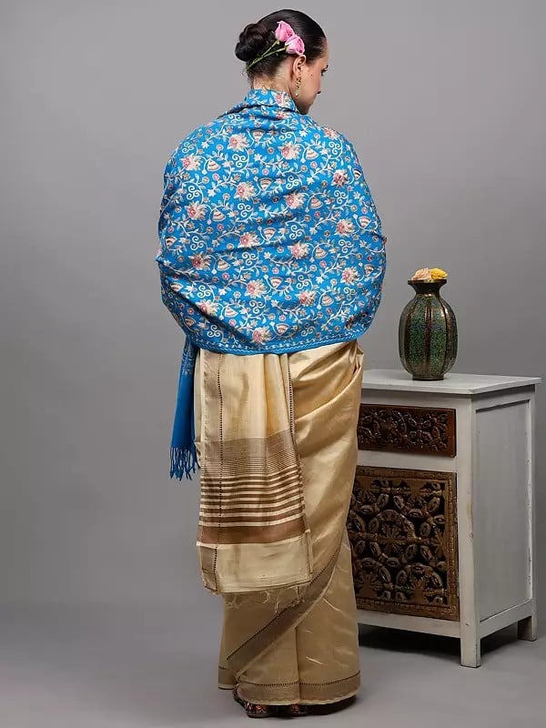 Exotic India Stole From Punjab With Chain Stitch Embroidered Floral Jaal In Multicolor 