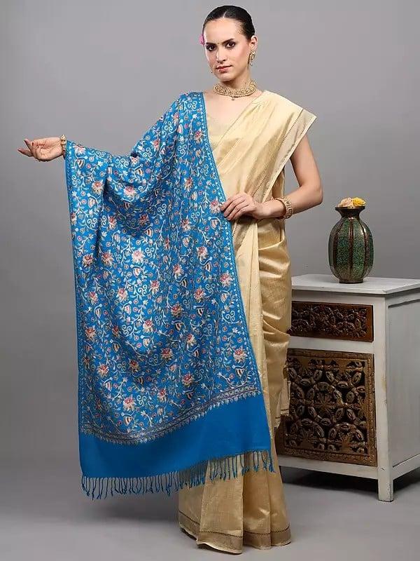 exotic india Stole from Punjab with Chain Stitch Embroidered Floral Jaal in Multicolor 