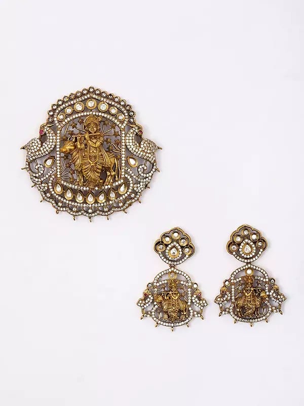 Exotic India Stone And Kundan Studded Fluting Krishna Pendant Set With Earrings 