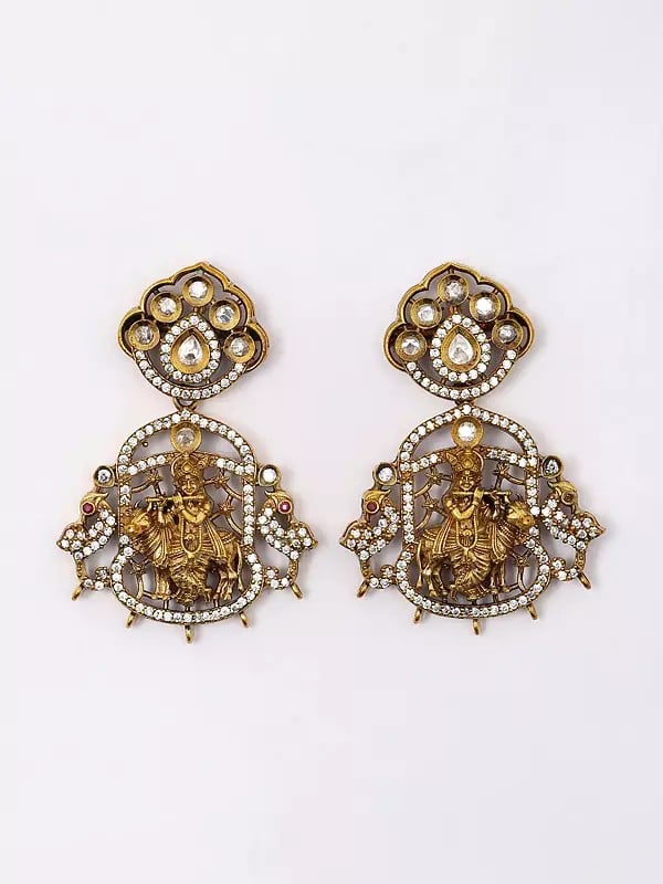 Exotic India Stone And Kundan Studded Fluting Krishna Pendant Set With Earrings 