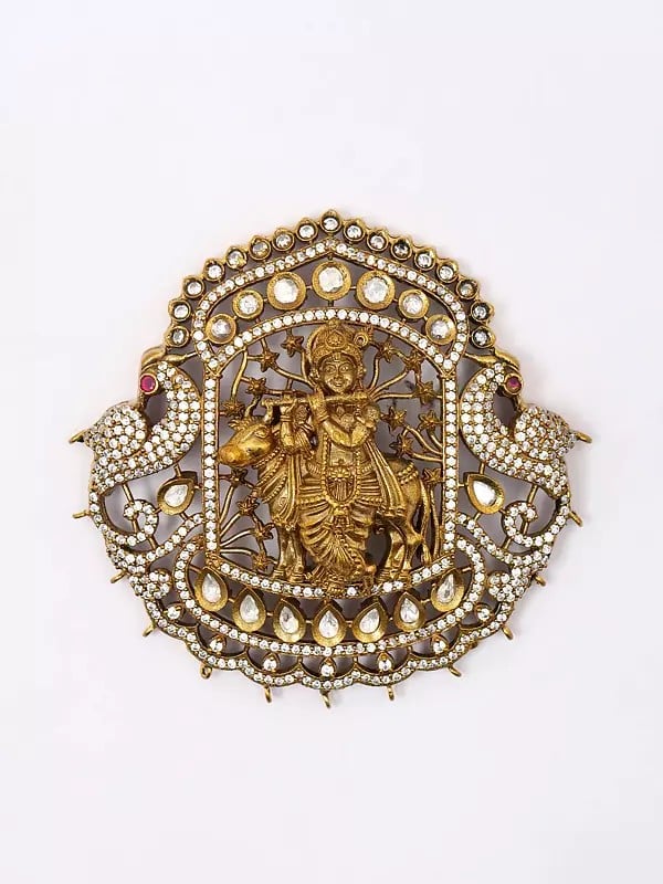 Exotic India Stone And Kundan Studded Fluting Krishna Pendant Set With Earrings 