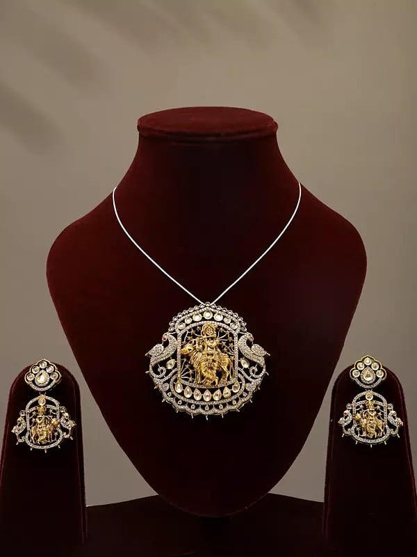 exotic india Stone and Kundan Studded Fluting Krishna Pendant Set with Earrings 