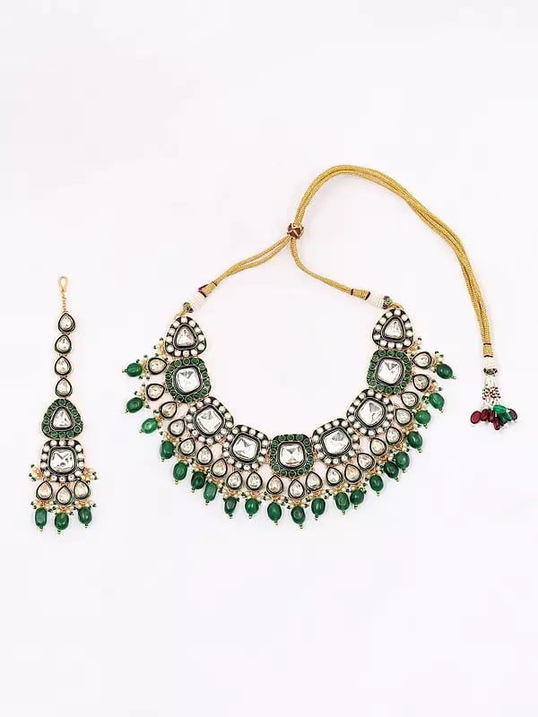 Exotic India Stone And Kundan Studded Jewelry Set With Green Beads Drop