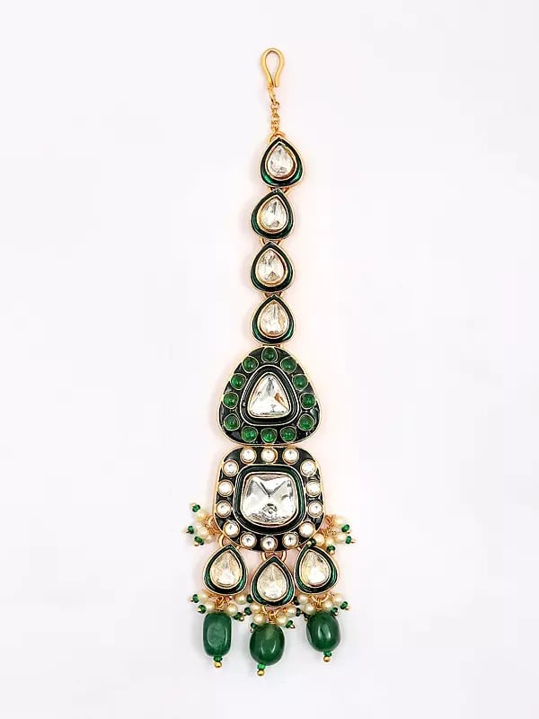 Exotic India Stone And Kundan Studded Jewelry Set With Green Beads Drop