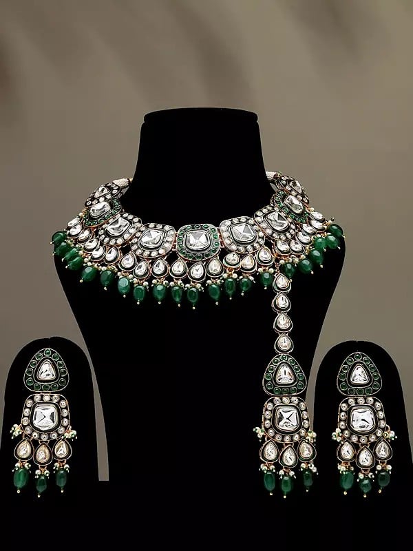 exotic india Stone and Kundan Studded Jewelry Set with Green Beads Drop