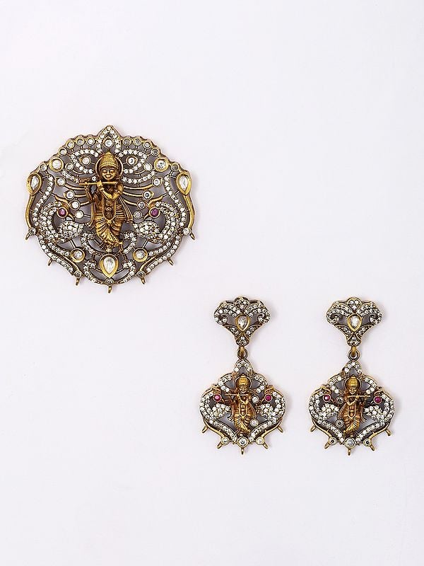 Exotic India Stone And Kundan Studded Lord Krishna Pendant Set With Earrings