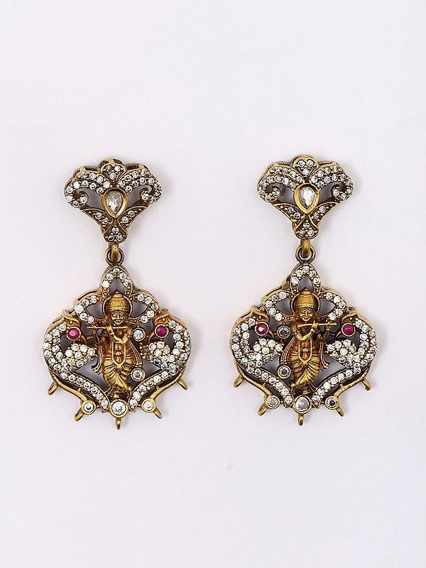 Exotic India Stone And Kundan Studded Lord Krishna Pendant Set With Earrings