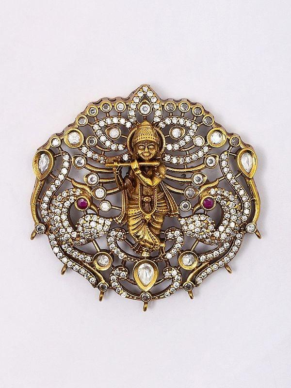 Exotic India Stone And Kundan Studded Lord Krishna Pendant Set With Earrings