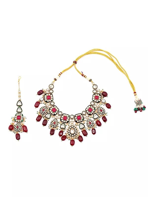 Exotic India Stone And Kundan Studded Necklace Set With Earrings And Mangtika
