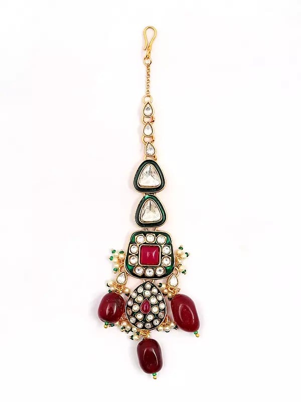 Exotic India Stone And Kundan Studded Necklace Set With Earrings And Mangtika