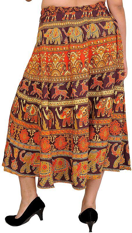 Exotic India Stone-Brown Sanganeri Midi Skirt With Elephants And Deer Motifs