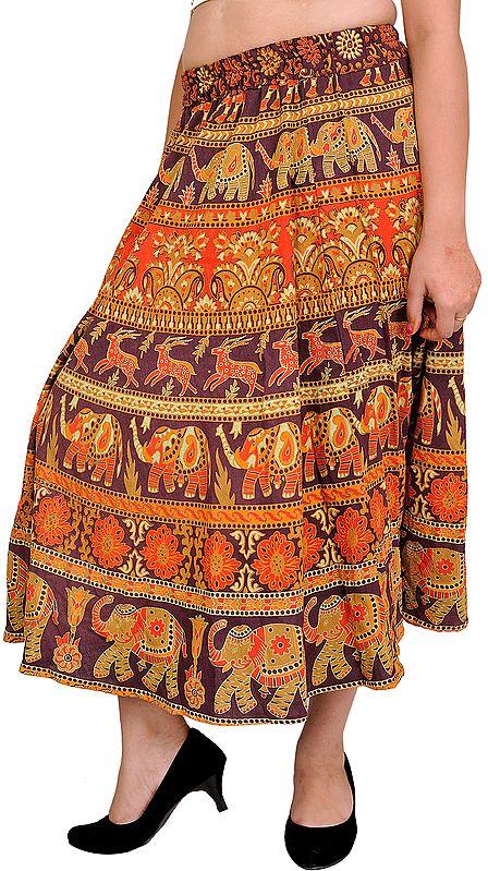 exotic india Stone-Brown Sanganeri Midi Skirt with Elephants and Deer Motifs 