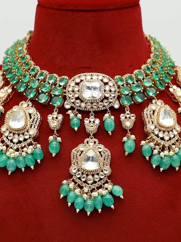 Exotic India Stone Studded And Beaded Attractive Choker Necklace With Matching Earrings