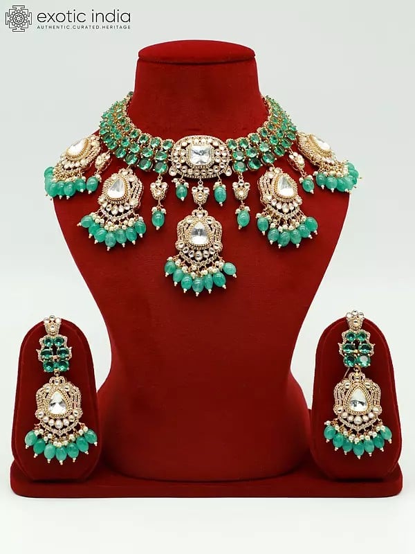 exotic india Stone Studded And Beaded Attractive Choker Necklace With Matching Earrings 