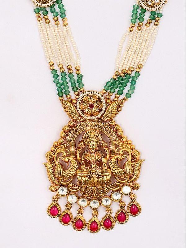 Exotic India Stone Studded And Beaded Blessing Goddess Lakshmi Necklace Set With Earrings 
