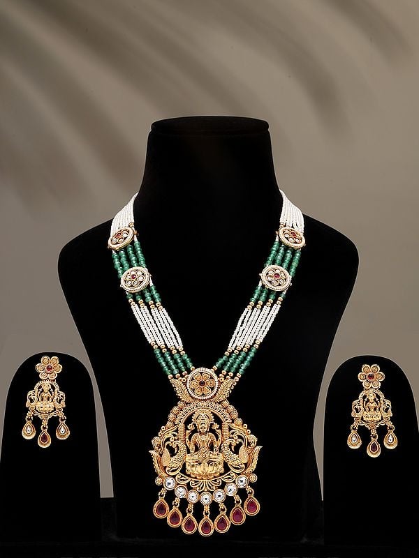 exotic india Stone Studded and Beaded Blessing Goddess Lakshmi Necklace Set with Earrings 