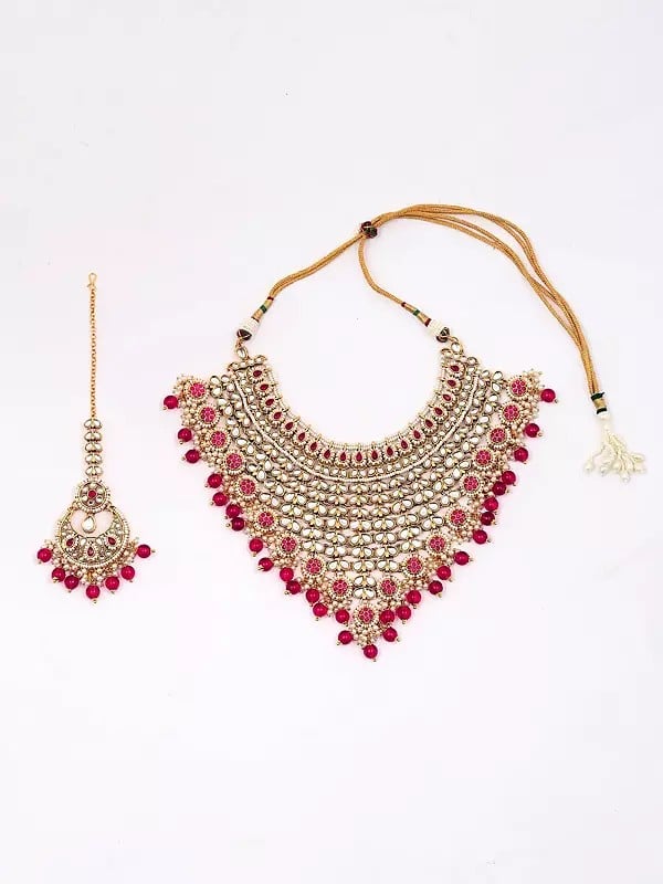 Exotic India Stone Studded And Beaded Choker Necklace Set With Mangtika And Earrings With Chain